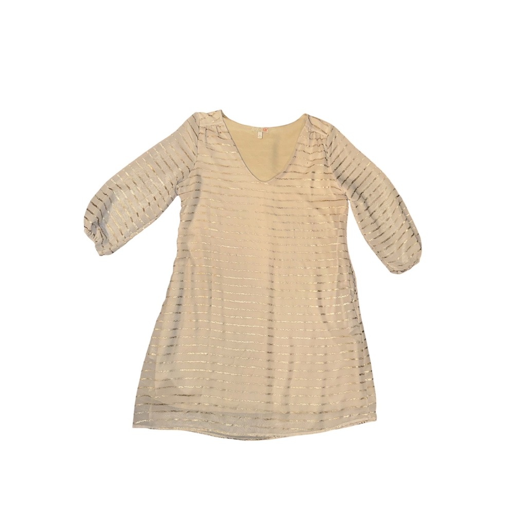 GB Shift Dress Womens Size M Cream Gold Metallic Stripe V-Neck